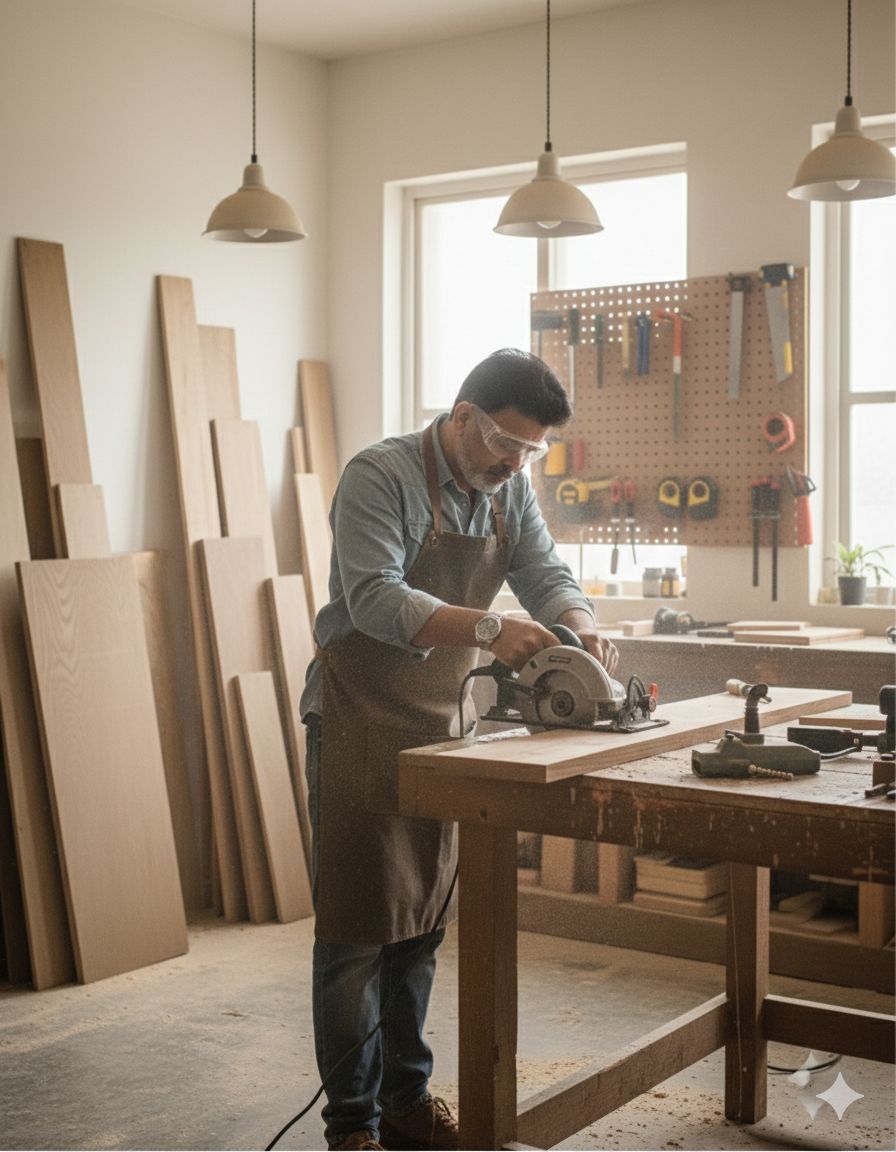 Carpenter cutting a plank with a circular saw at a workbench, hero image published by Alshifa Carpenter